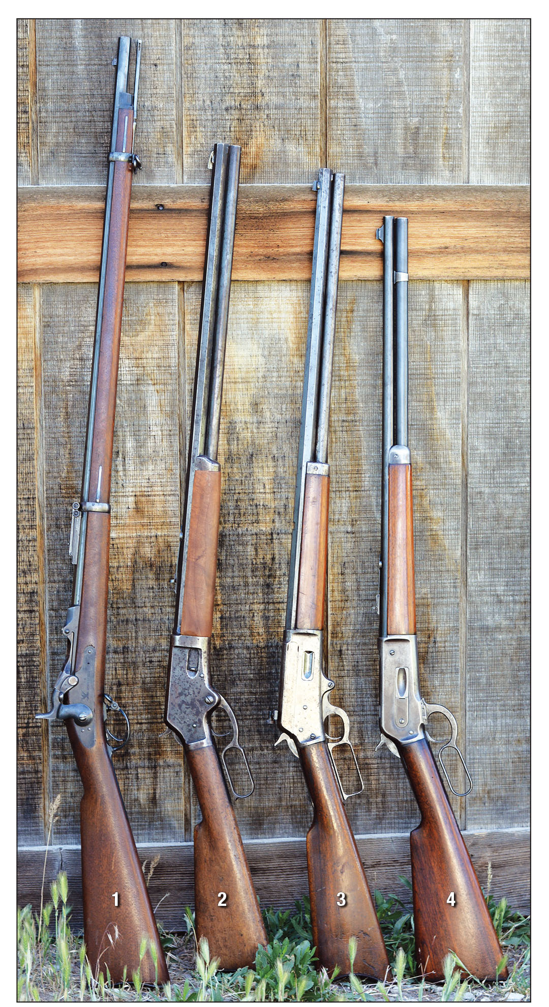 These period .45-70 rifles include the (1) U.S. Springfield 1873 Trapdoor, (2) Marlin Model 1881, (3) Marlin Model 1895 (an original) and (4) Winchester Model 1886.